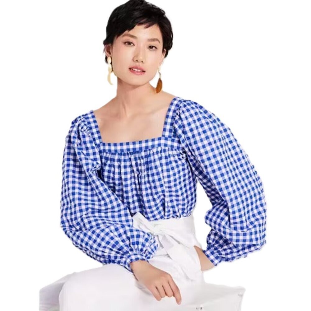 Kate Spade Blueberry Puckered Gingham Square Neck Top M